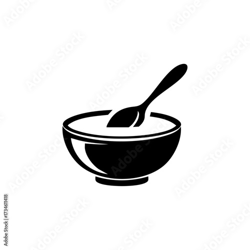 Minimalist black vector icon of a sugar bowl with a spoon, symbolizing kitchenware, food preparation, and sweeteners.