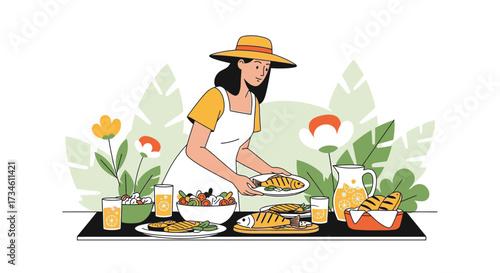 Illustration of a woman serving grilled fish with salad and refreshing orange juice perfect for