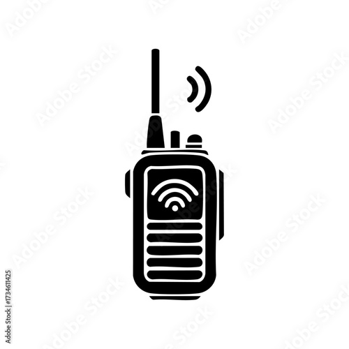 Minimalist black vector of a handheld walkie-talkie with antenna and wireless signal symbol.