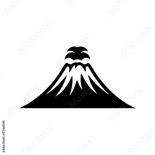 Minimalist black vector icon of a volcano cone erupting, symbolizing natural disasters, geology, and earth forces.