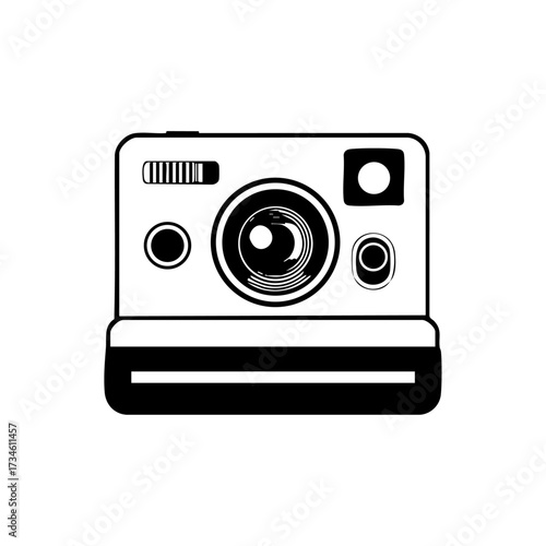 Minimalist vector illustration of a retro instant camera, representing photography, nostalgia, and instant picture printing.