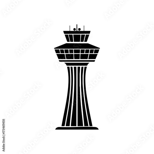 Minimalist vector icon of an airport control tower, symbolizing aviation management, air traffic safety, and flight coordination.