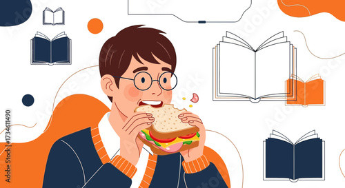 Illustration of a young man eating a sandwich while studying with books around him