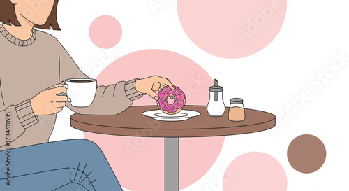 Illustration of a young woman enjoying a coffee and doughnut at a cafe table cozy scene