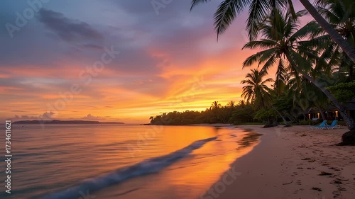 Golden hour at tropical beach with palm trees, soft sand and sunset reflected on water