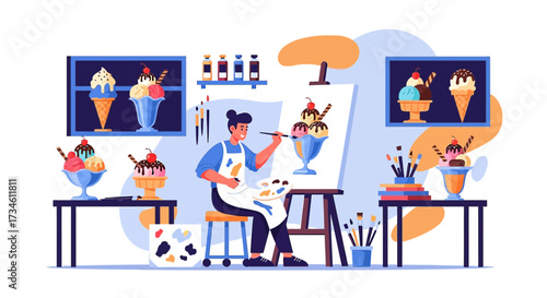 Illustration of an artist painting an ice cream sundae in a whimsical studio setting filled with