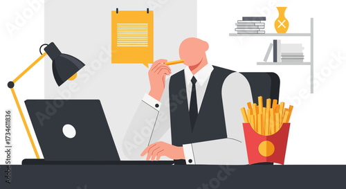Illustration of businessman at desk working on laptop while eating french fries