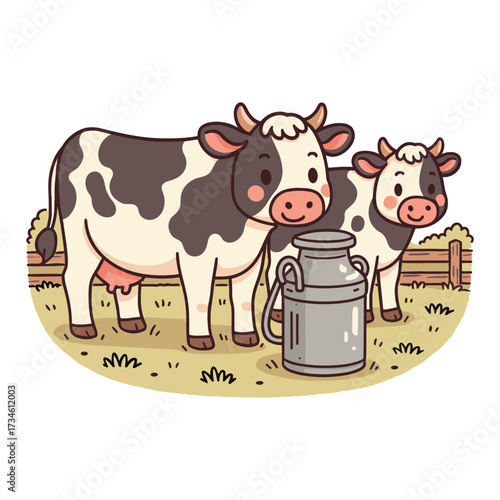 Two cartoon cows, a mother and her calf, standing in a grassy field next to a milk can.