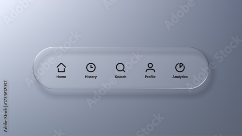 User interface navigation menu in liquid glass morphism vector format. Modern UX design element for mobile app and website development concept.