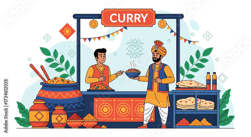 Illustration of two men selling curry at a food stall with spices and traditional Indian bread