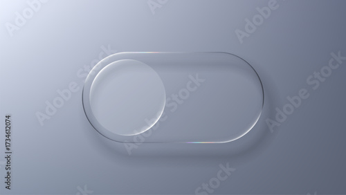 Glassmorphism translucent toggle switch with circular button. UI element or digital interface component. Modern abstract design template in light gray color.