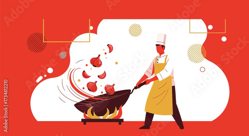 Illustrative chef skillfully tossing ingredients in a wok with dynamic energy and vibrant culinary