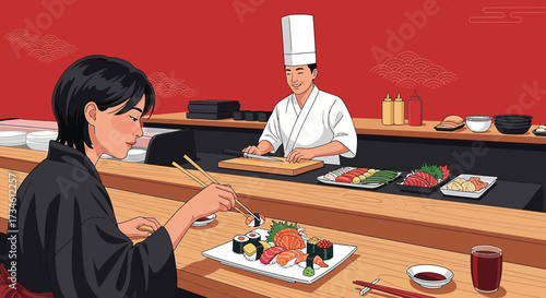 Illustration showcasing a sushi chef preparing food while a customer enjoys a meal in a restaurant