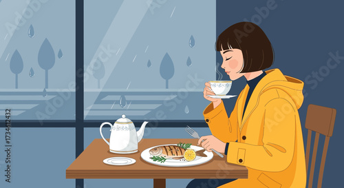 Illustrative depiction of a woman enjoying tea and grilled fish on a rainy day