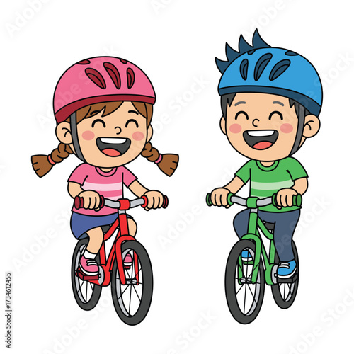 Happy cartoon children riding bicycles wearing helmets for safety and fun