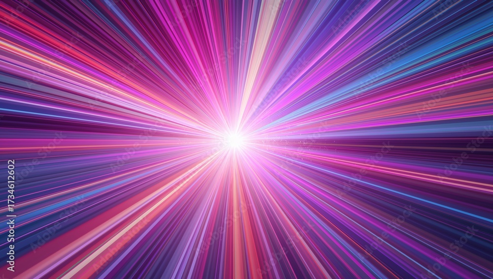 Fototapeta premium Vibrant streaks of pink, purple, and blue light explode outwards from a bright central core, creating a dynamic abstract burst of energy and motion.