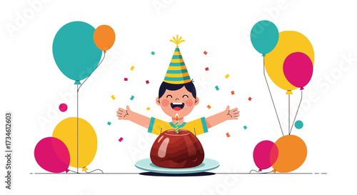 Joyful birthday celebration with a happy cartoon boy balloons and a delicious dessert