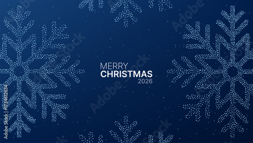 Dotted snowflakes create a festive frame on a deep blue background with merry Christmas 2026 text. Holiday greeting card design.
