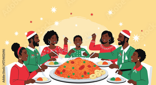 Joyful African Family Celebrating Christmas with Traditional Jollof Rice Dinner Vector Illustration