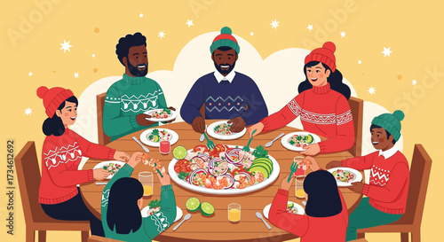 Joyful family celebrating a winter holiday with a delicious seafood meal around a festive table