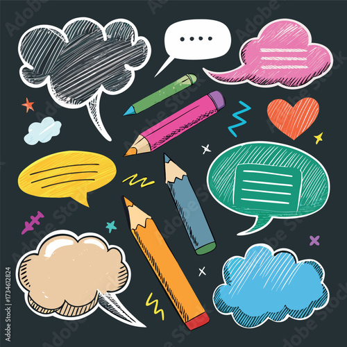 Colorful doodle illustration with pencils, speech bubbles, stars, and sketchy hand-drawn style