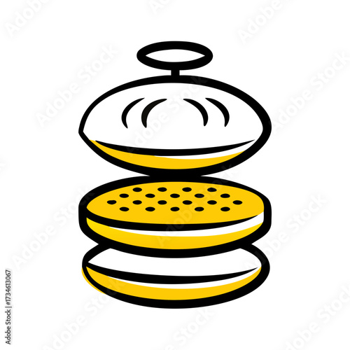 Burger press with two yellow patties and top dome cover  
