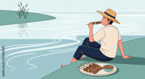 Man enjoying barbecue skewers by the lake a serene leisure time activity scene outdoors