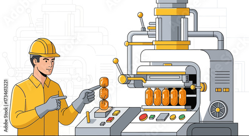 Man overseeing the automated production of sausages in a food processing factory setting automated