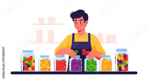 Man sorting colorful gummy bears into jars, showcasing a sweet treat collection