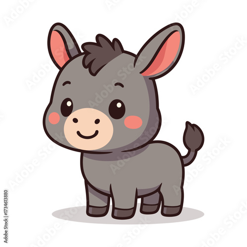 Cute and happy baby donkey standing and smiling, illustrated in a simple cartoon chibi style. children illustrations sticker mascot