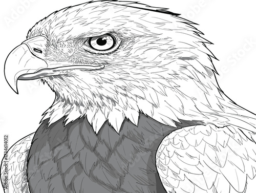 Detailed drawing of an eagle's head and upper body.