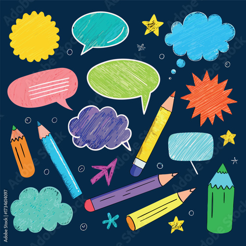 Colorful doodle illustration with pencils, speech bubbles, stars, and sketchy hand-drawn style