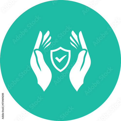 Two open hands cradling a shield with a checkmark symbolizing protection and security