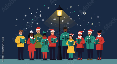A serene Flat Design vertical banner illustration depicting a community gathered for Christmas carol singing, perfect for holiday event announcements.
