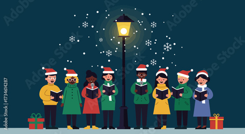 A serene Flat Design vertical banner illustration depicting a community gathered for Christmas carol singing, perfect for holiday event announcements.
