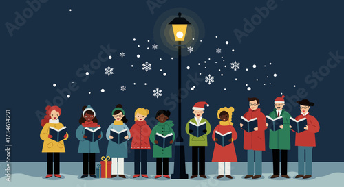 A serene Flat Design vertical banner illustration depicting a community gathered for Christmas carol singing, perfect for holiday event announcements.