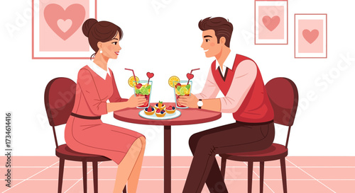 Romantic date illustration of a couple enjoying cocktails and desserts in a cafe atmosphere