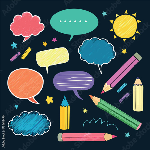 Colorful doodle illustration with pencils, speech bubbles, stars, and sketchy hand-drawn style
