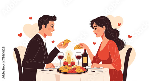 Romantic dinner illustration with couple enjoying empanadas and wine by candlelight for Valentines