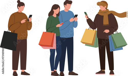Group of young people shopping with bags, checking smartphones, modern lifestyle illustration, friends spending time together, digital shopping and retail concept