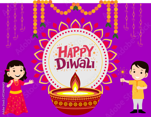 Happy Diwali Festival Vector Design with Decorative Diyas, Lights, and Celebration Elements