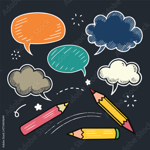 Colorful doodle illustration with pencils, speech bubbles, stars, and sketchy hand-drawn style