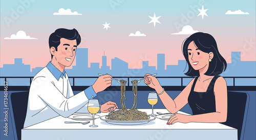 Romantic dinner illustration featuring a couple enjoying spaghetti with city views and wine on a