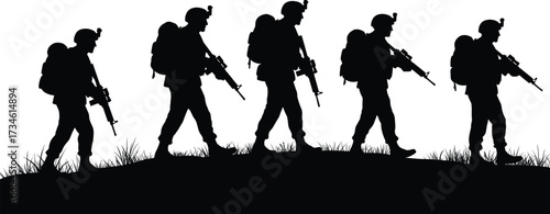 Black silhouette soldiers marching in formation with rifles and backpacks — military vector illustration for defense, army, war, training, and tactical design projects