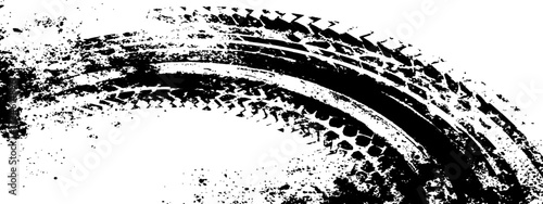 Vector black-and-white tire tracks and skid marks isolated white background. motocross, drifting, drag racing, and off-road vehicles, featuring grunge splatter and tread patterns for car.