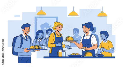 School cafeteria serving lunch with students and staff in a vibrant and friendly atmosphere