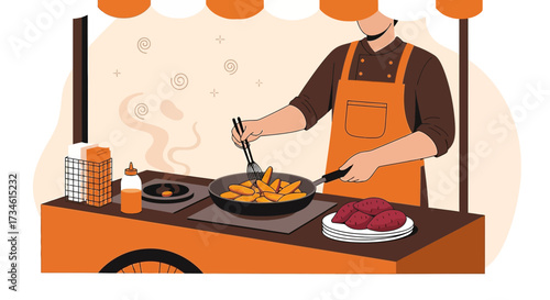 Street food vendor frying sweet potatoes, culinary illustration, delicious sweet potato snack