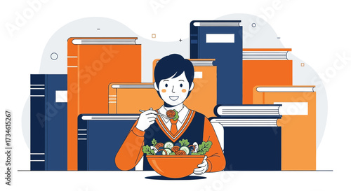 Student enjoying a healthy salad amidst books embodying a balanced lifestyle focus on wellness and