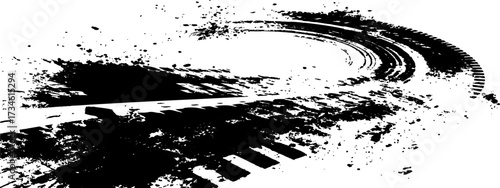 Vector black-and-white tire tracks and skid marks isolated white background. motocross, drifting, drag racing, and off-road vehicles, featuring grunge splatter and tread patterns for car.