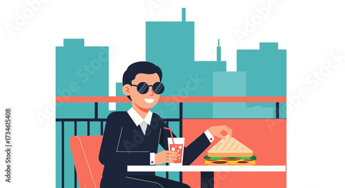 Stylish businessman enjoying a lunch break with a sandwich and drink in the city